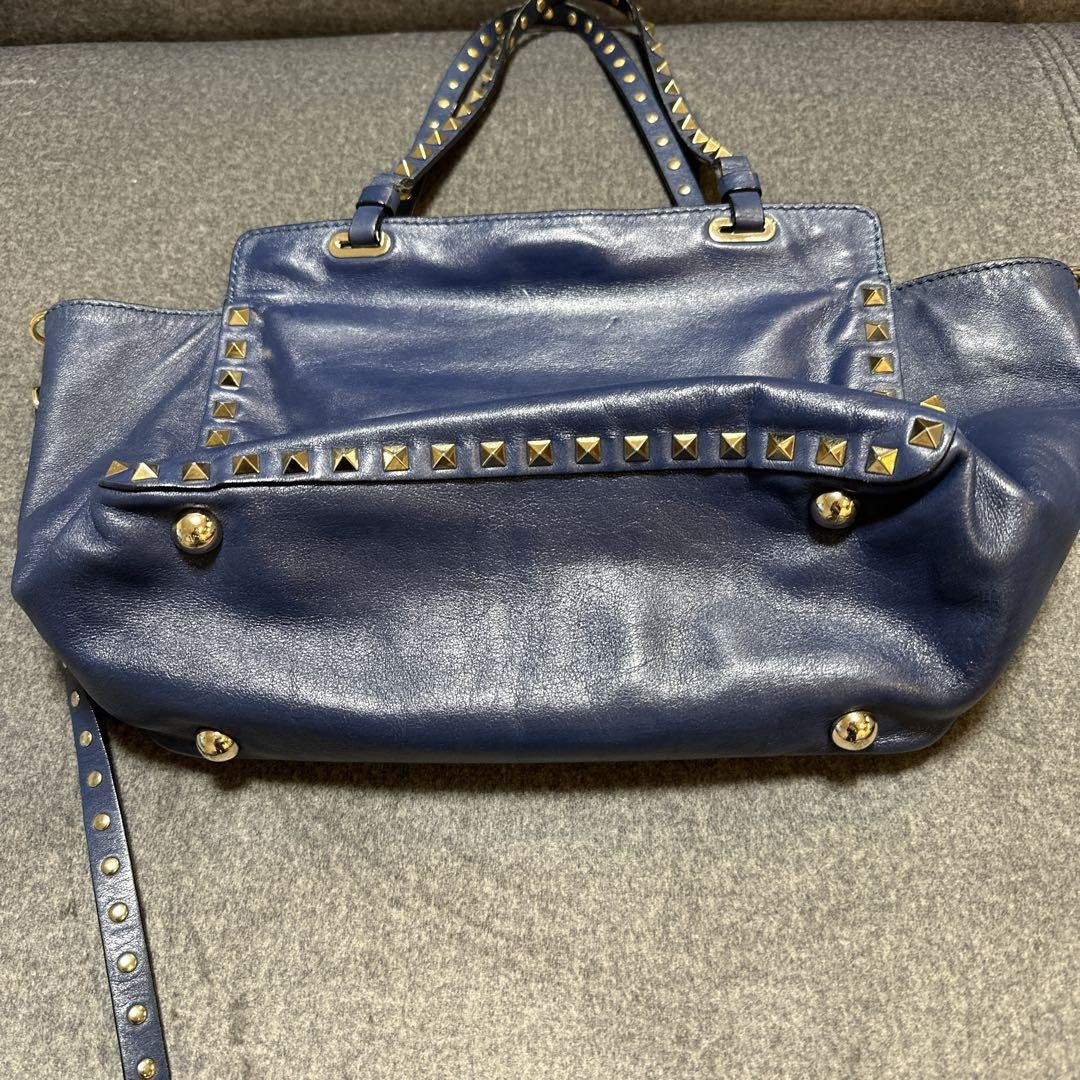 Valentino Hand Bag Tote Purse Rockstuds Leather Navy Authentic