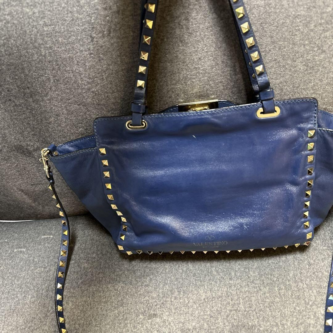 Valentino Hand Bag Tote Purse Rockstuds Leather Navy Authentic