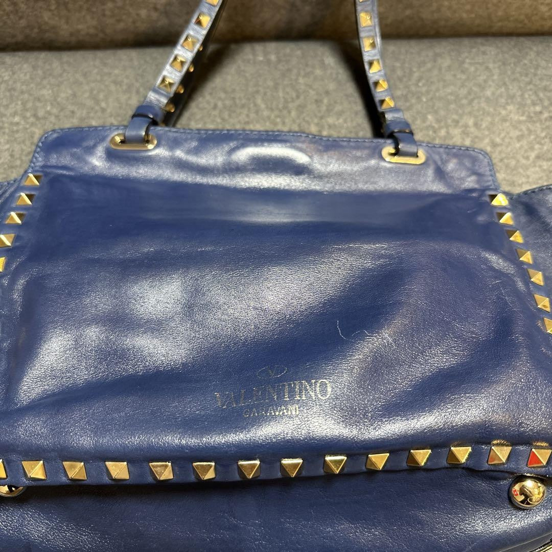 Valentino Hand Bag Tote Purse Rockstuds Leather Navy Authentic