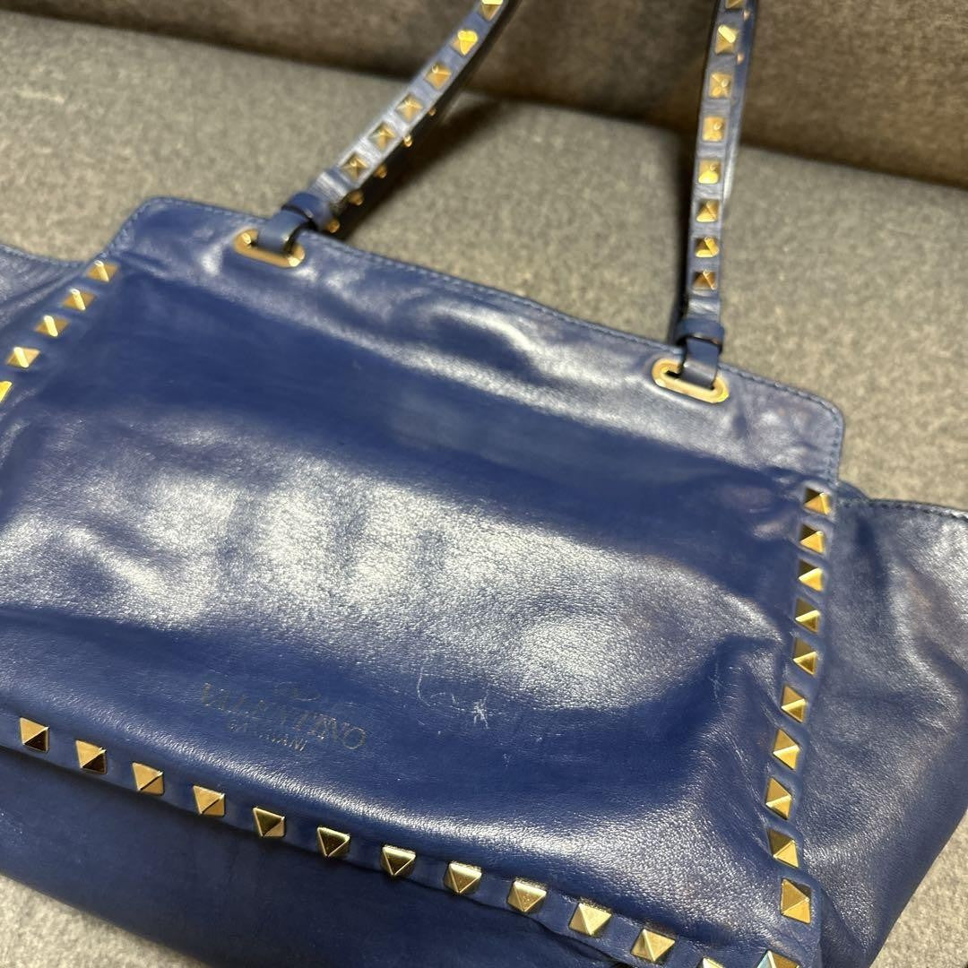 Valentino Hand Bag Tote Purse Rockstuds Leather Navy Authentic