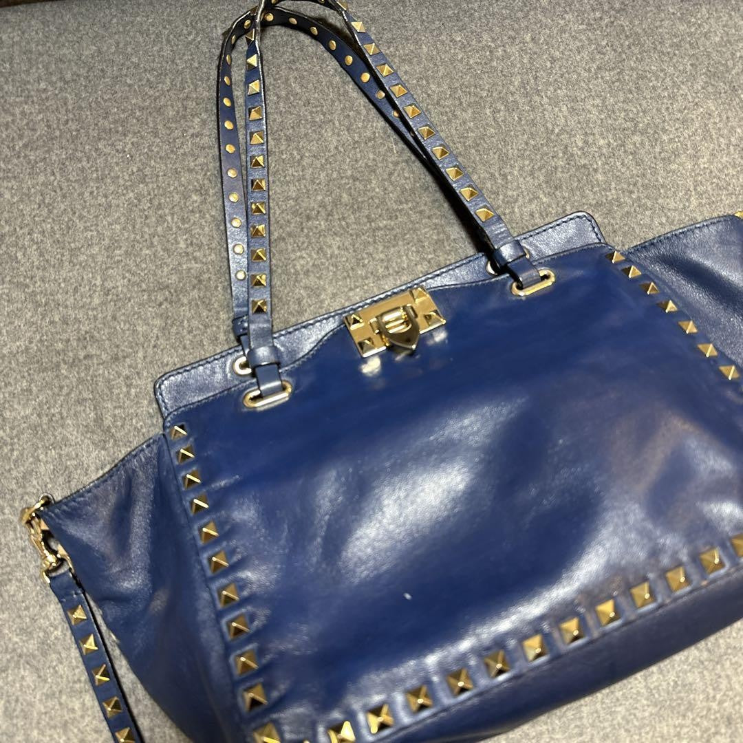 Valentino Hand Bag Tote Purse Rockstuds Leather Navy Authentic