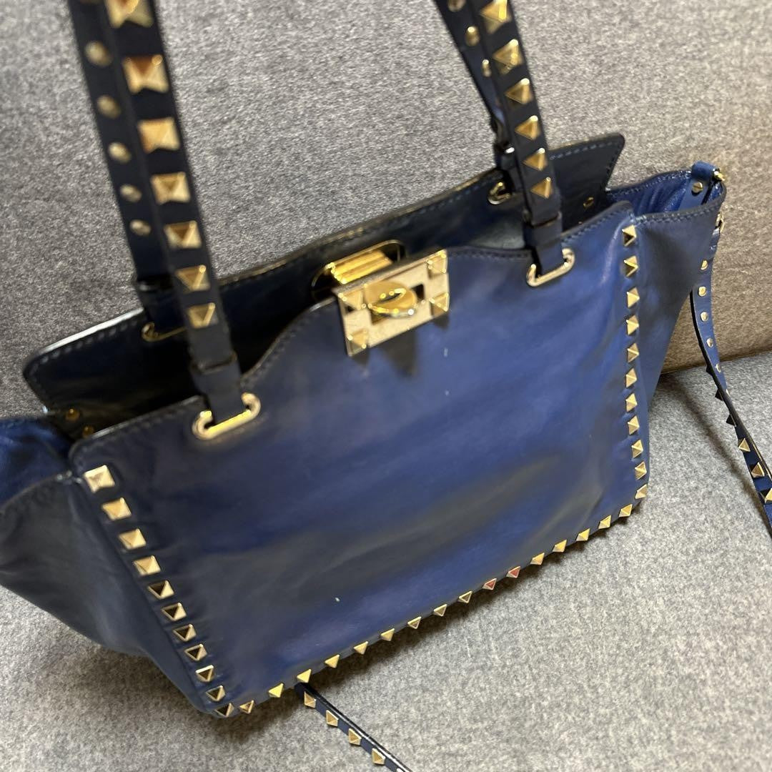 Valentino Hand Bag Tote Purse Rockstuds Leather Navy Authentic