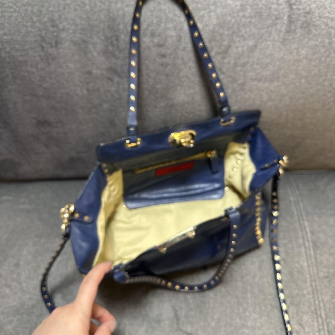 Valentino Hand Bag Tote Purse Rockstuds Leather Navy Authentic
