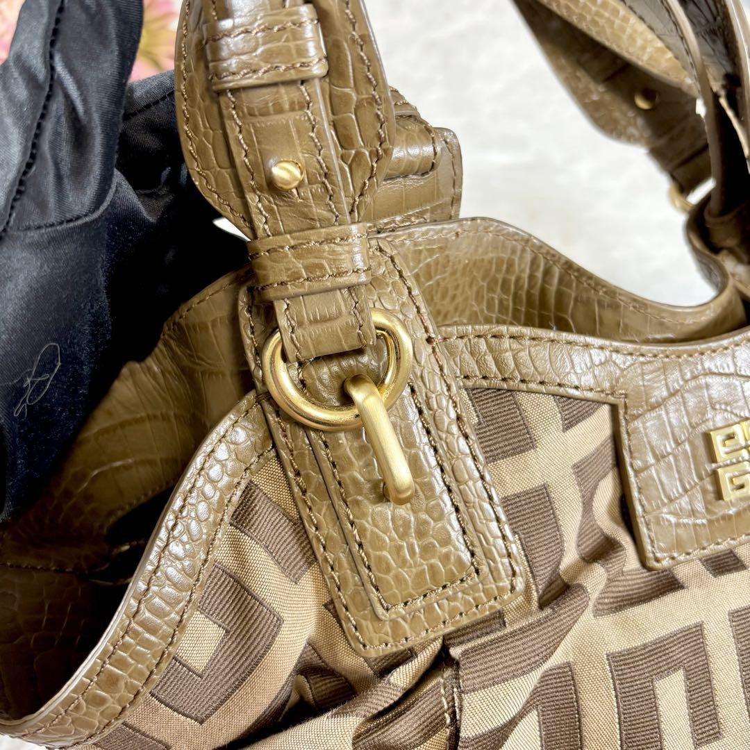 GIVENCHY Hand Bag Tote Purse 4G Leather Canvas Brown Beige Authentic