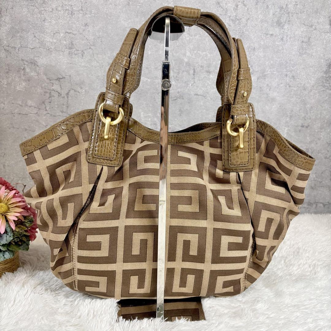 GIVENCHY Hand Bag Tote Purse 4G Leather Canvas Brown Beige Authentic