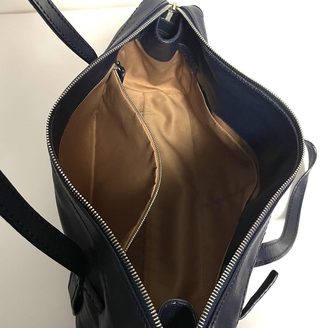 TOD'S Shoulder Bag Purse Boston type Leather Dark Navy Authentic