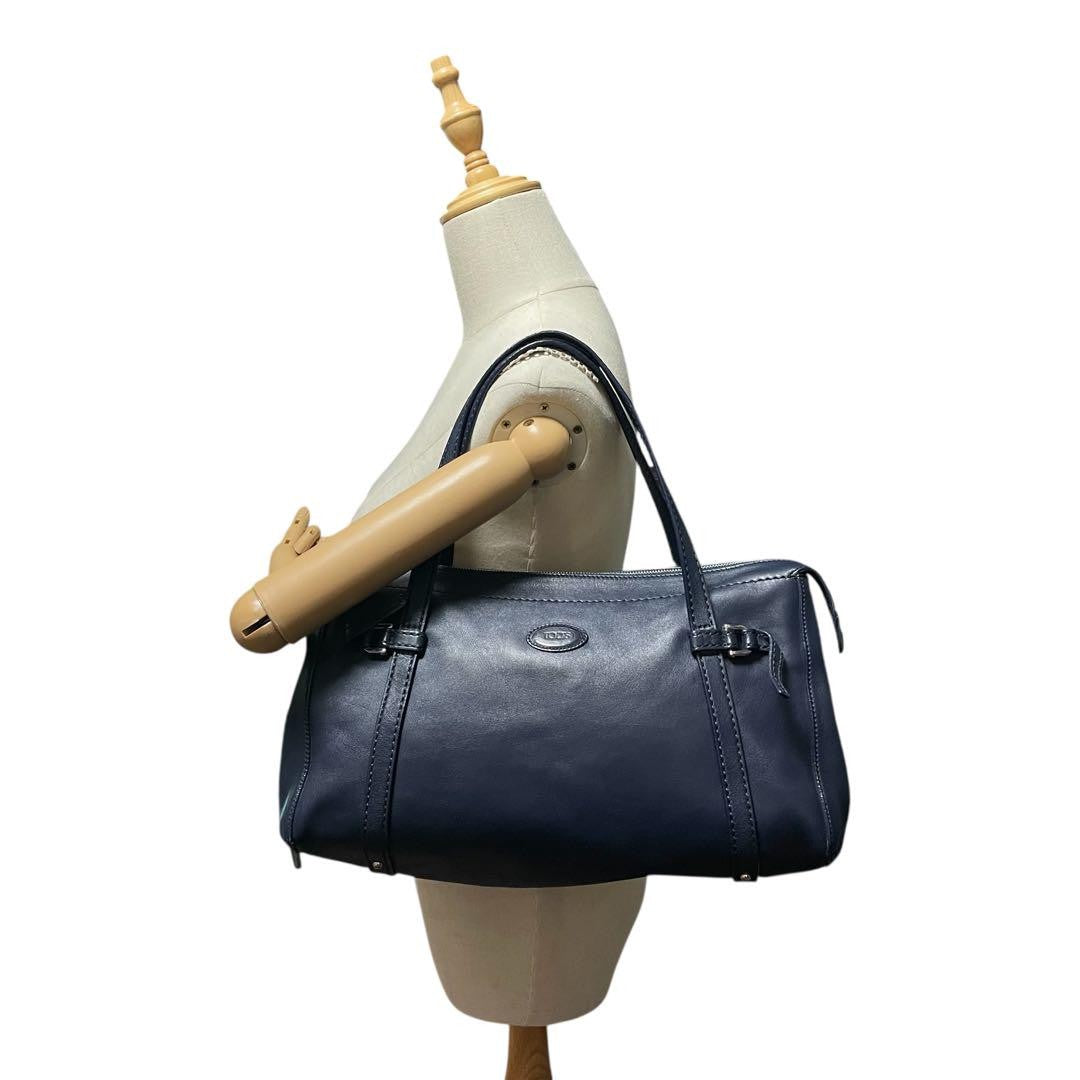 TOD'S Shoulder Bag Purse Boston type Leather Dark Navy Authentic