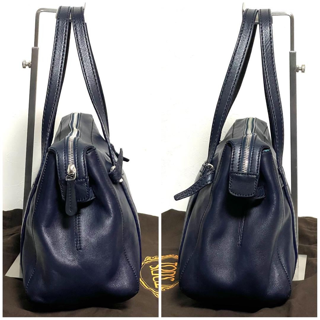 TOD'S Shoulder Bag Purse Boston type Leather Dark Navy Authentic
