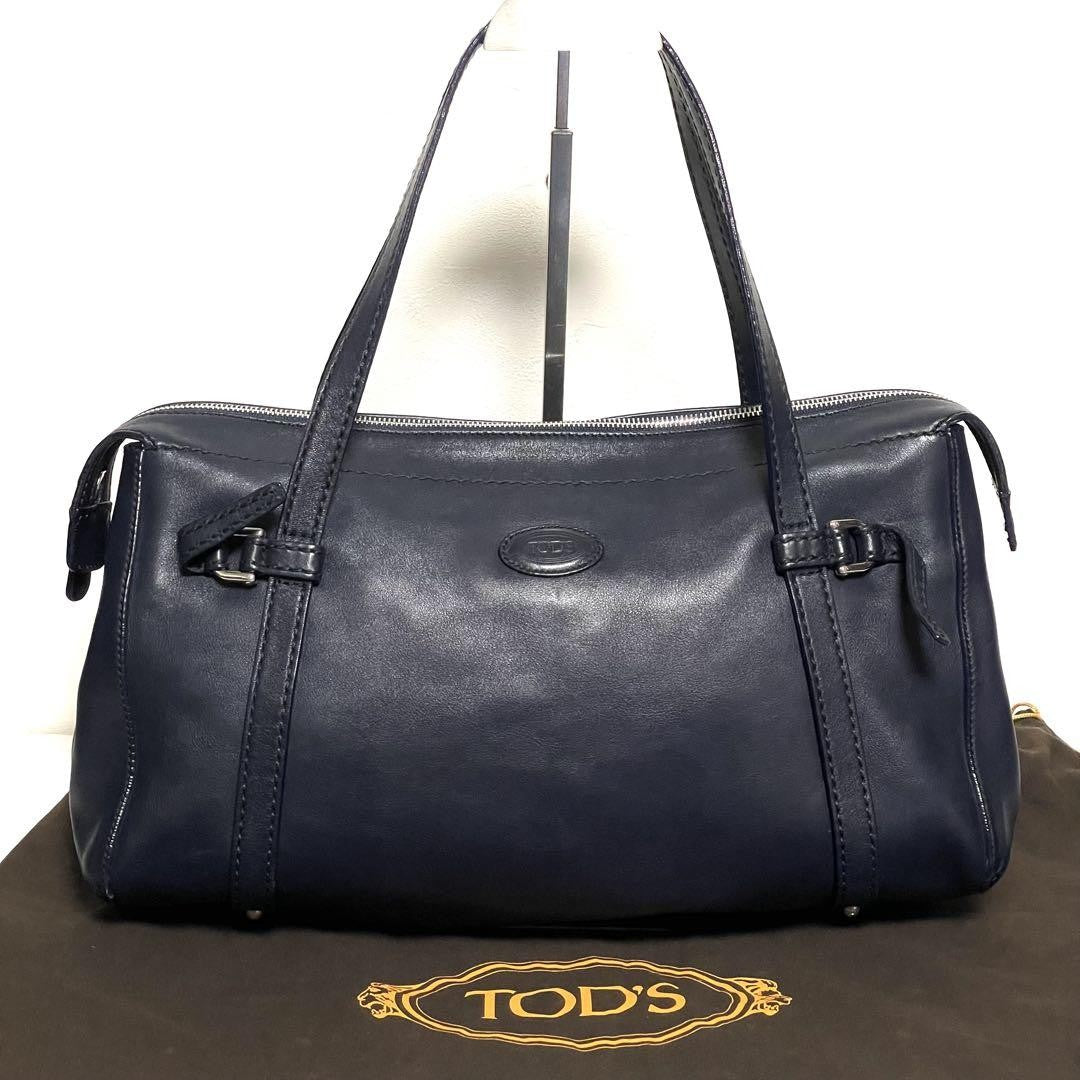 TOD'S Shoulder Bag Purse Boston type Leather Dark Navy Authentic