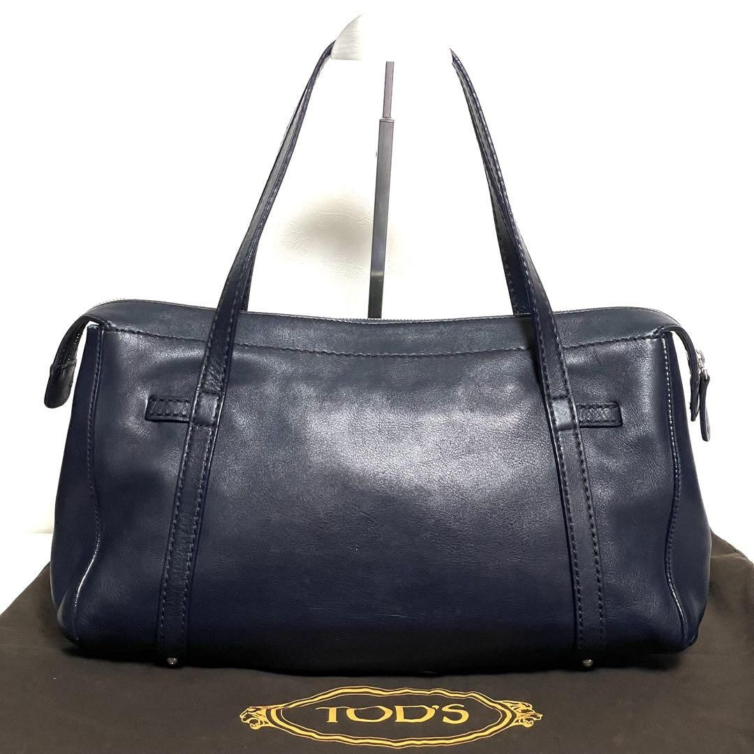 TOD'S Shoulder Bag Purse Boston type Leather Dark Navy Authentic