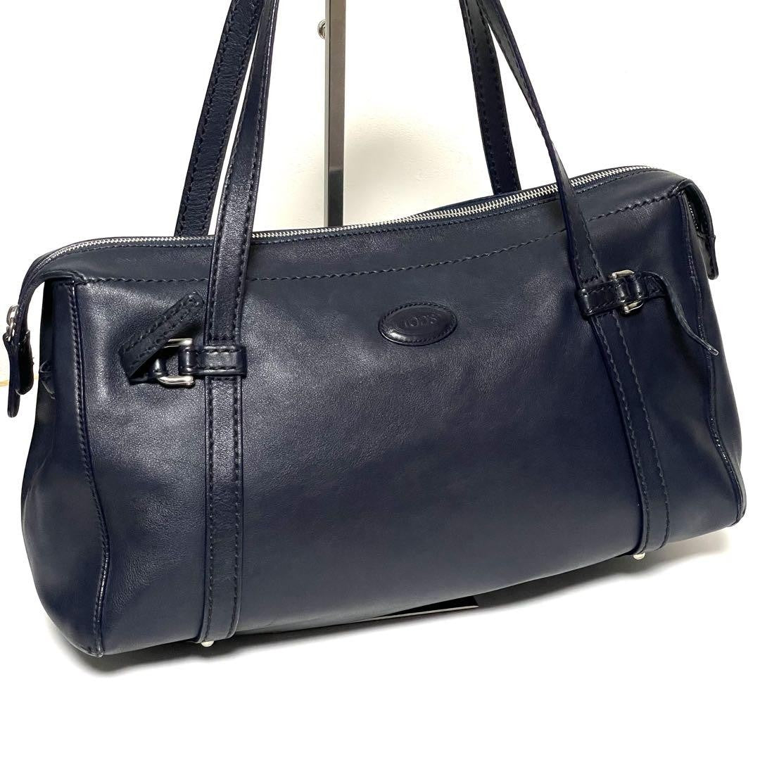TOD'S Shoulder Bag Purse Boston type Leather Dark Navy Authentic