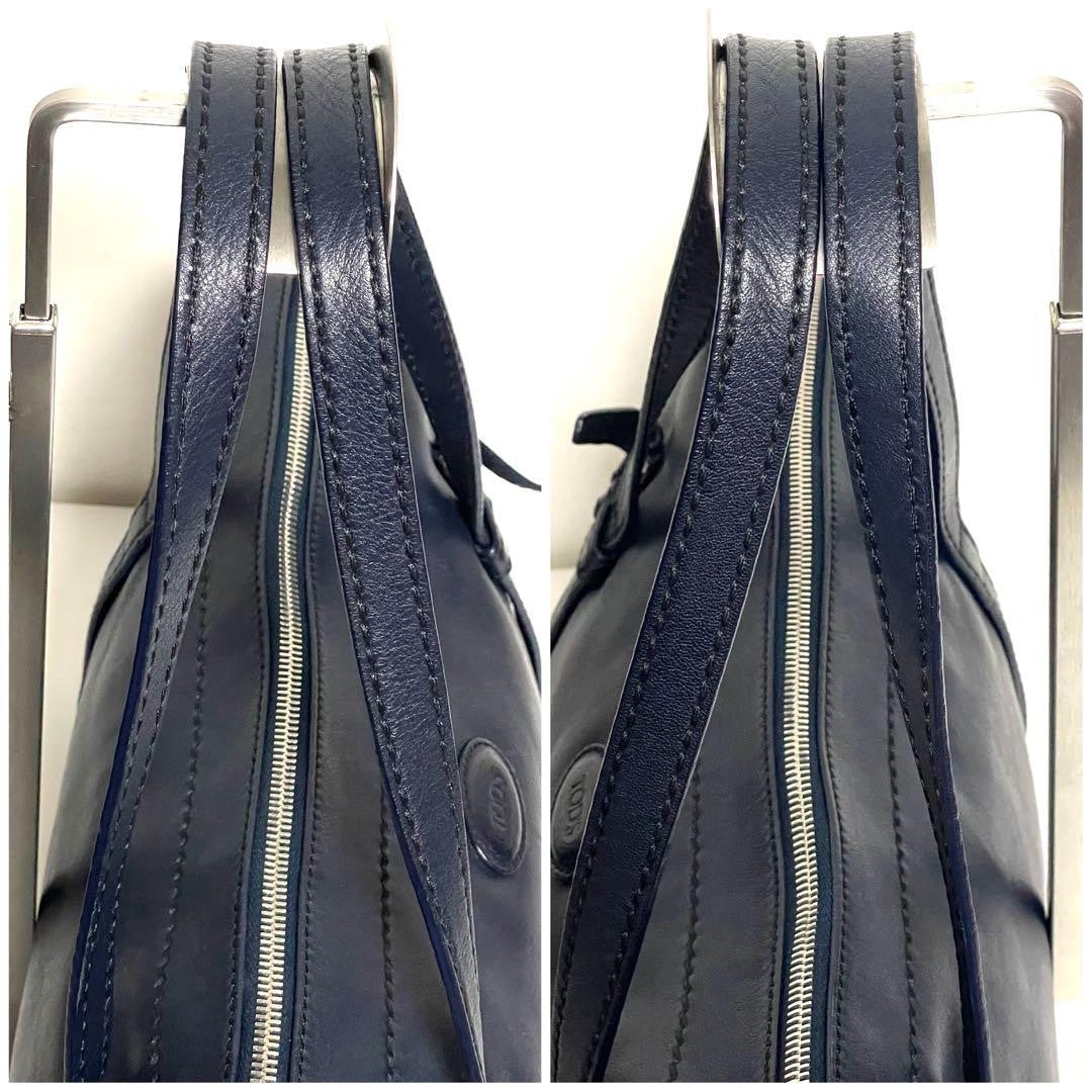 TOD'S Shoulder Bag Purse Boston type Leather Dark Navy Authentic
