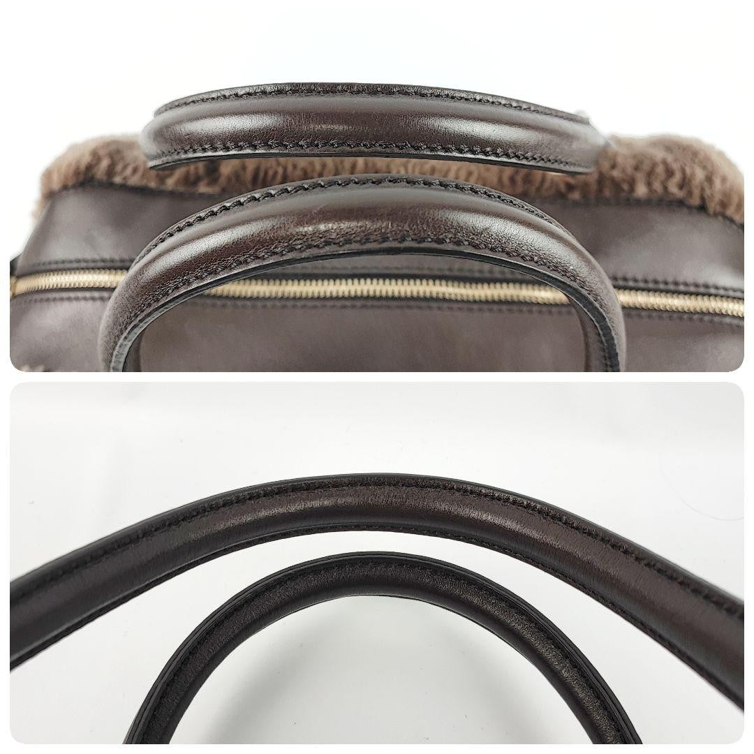 TOD'S Hand Bag Tote Purse Fur Leather Brown Authentic
