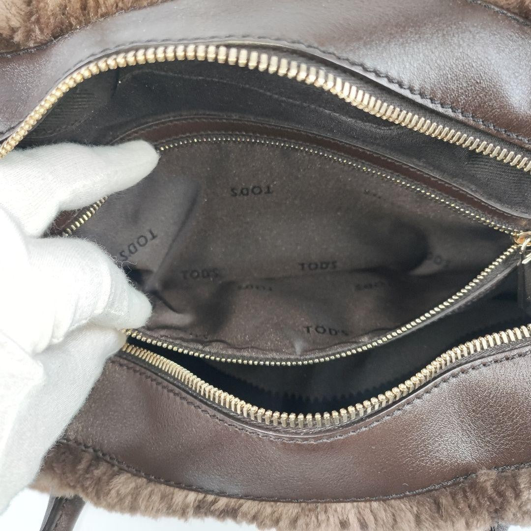 TOD'S Hand Bag Tote Purse Fur Leather Brown Authentic