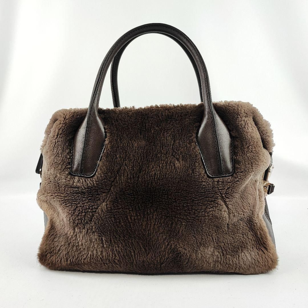 TOD'S Hand Bag Tote Purse Fur Leather Brown Authentic