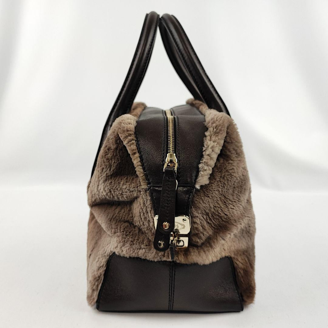 TOD'S Hand Bag Tote Purse Fur Leather Brown Authentic