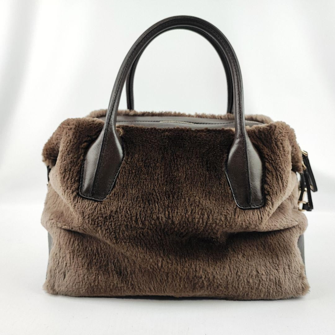 TOD'S Hand Bag Tote Purse Fur Leather Brown Authentic