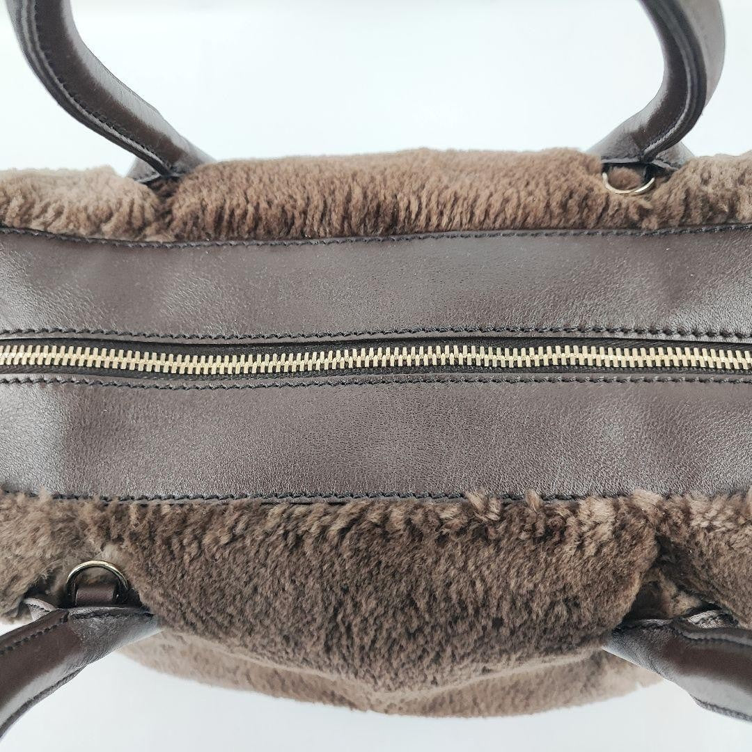 TOD'S Hand Bag Tote Purse Fur Leather Brown Authentic