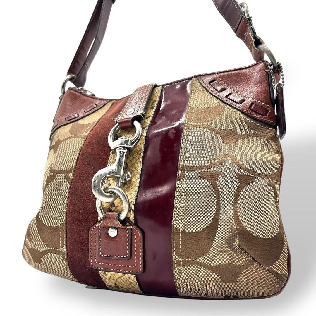 COACH Shoulder Bag Purse 2way Signature Canvas Leather Suede Bordeaux Authentic