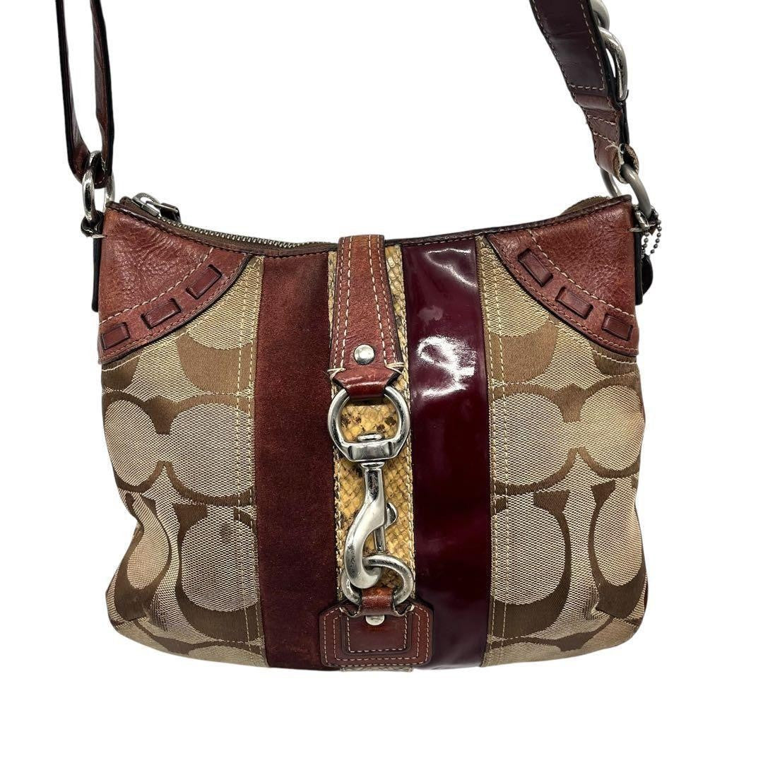 COACH Shoulder Bag Purse 2way Signature Canvas Leather Suede Bordeaux Authentic