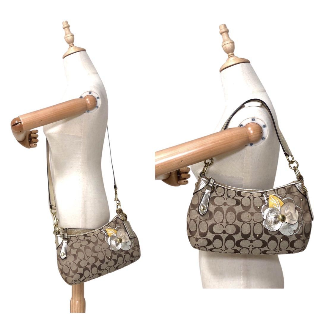 COACH Hand Shoulder Bag Tote Purse 2way Signature Canvas Leather Beige Authentic