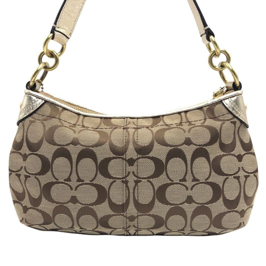 COACH Hand Shoulder Bag Tote Purse 2way Signature Canvas Leather Beige Authentic