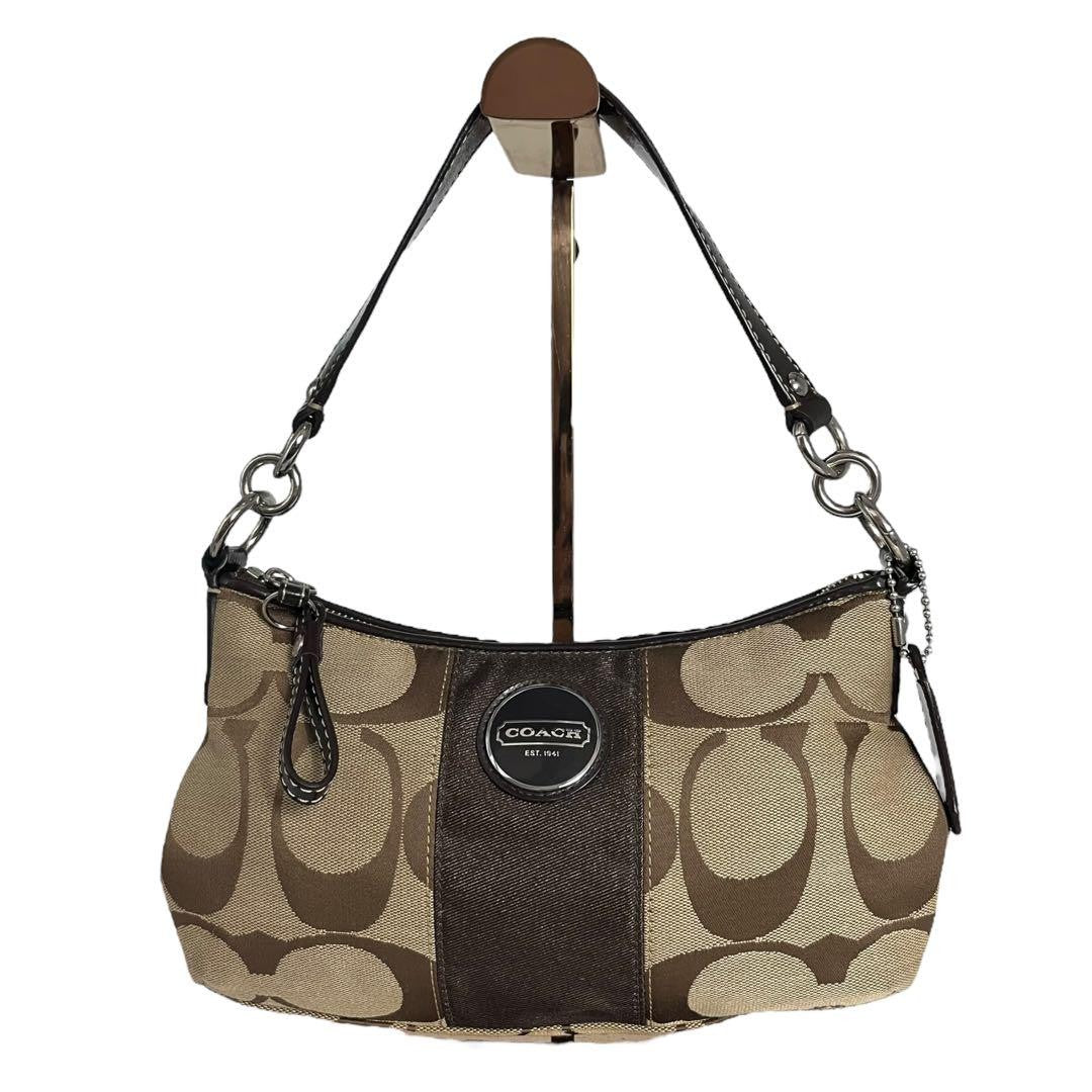 COACH Shoulder Bag Purse 2way Signature Canvas Leather Brown Beige Authentic