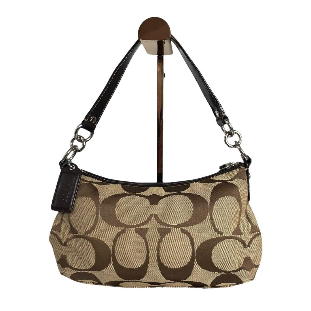 COACH Shoulder Bag Purse 2way Signature Canvas Leather Brown Beige Authentic