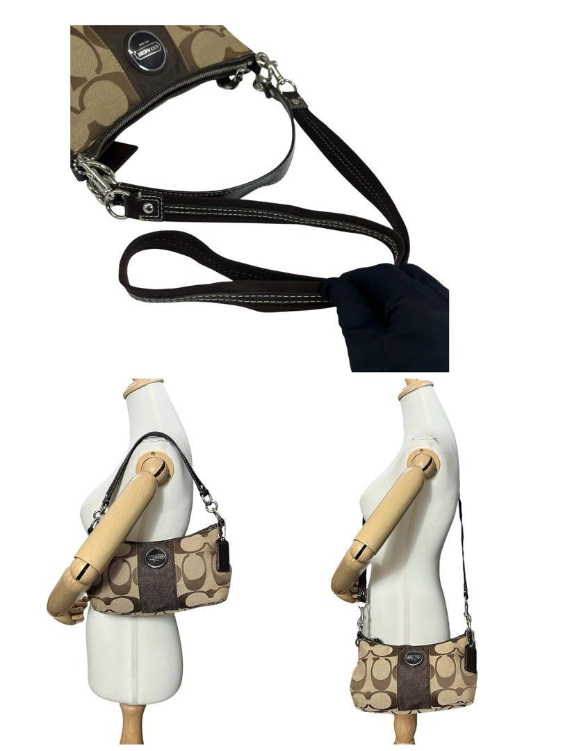 COACH Shoulder Bag Purse 2way Signature Canvas Leather Brown Beige Authentic