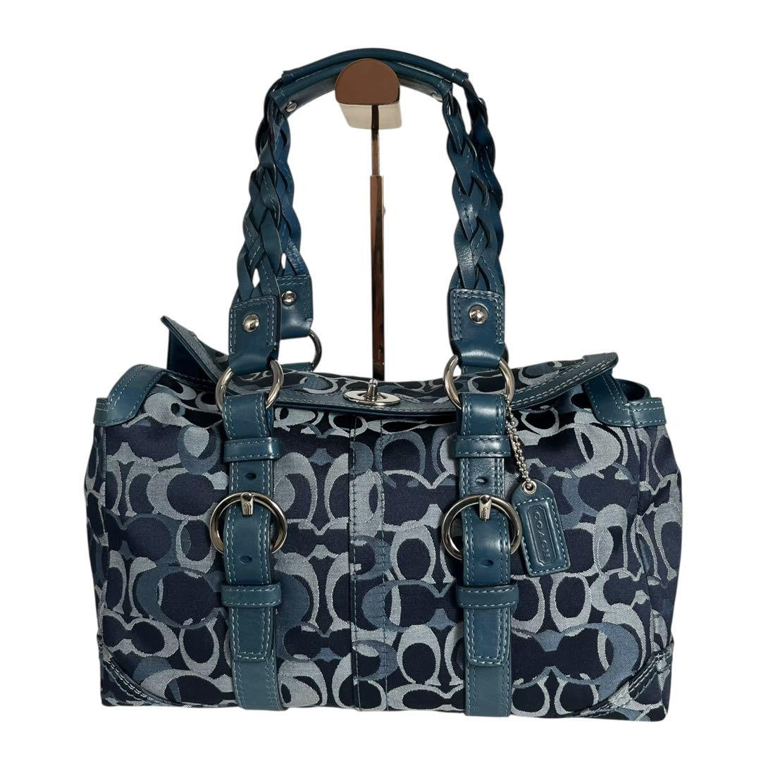 COACH Shoulder Bag Purse Mini Boston Signature 10995 Canvas Leather Navy Auth