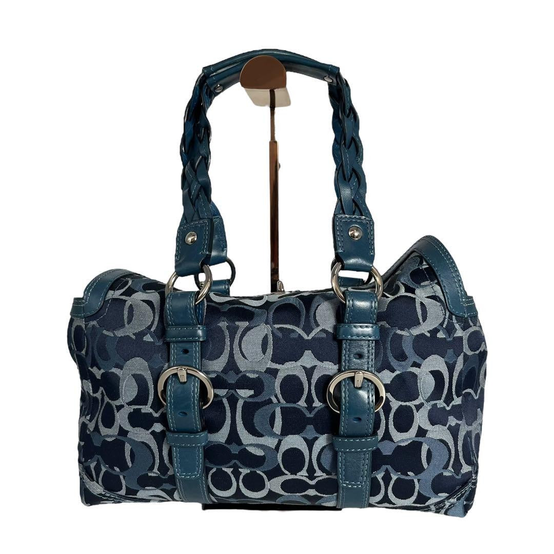 COACH Shoulder Bag Purse Mini Boston Signature 10995 Canvas Leather Navy Auth