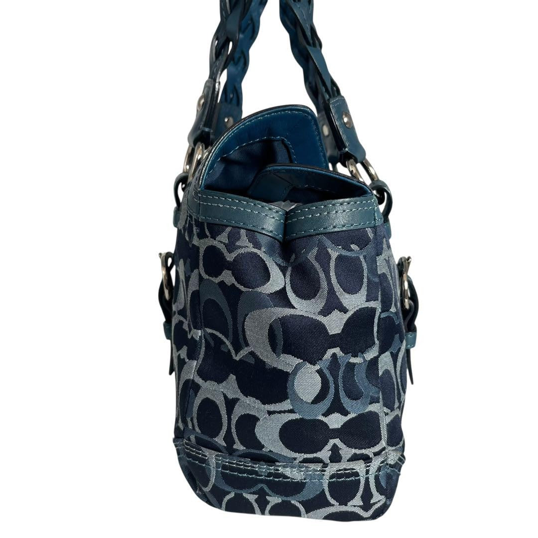 COACH Shoulder Bag Purse Mini Boston Signature 10995 Canvas Leather Navy Auth