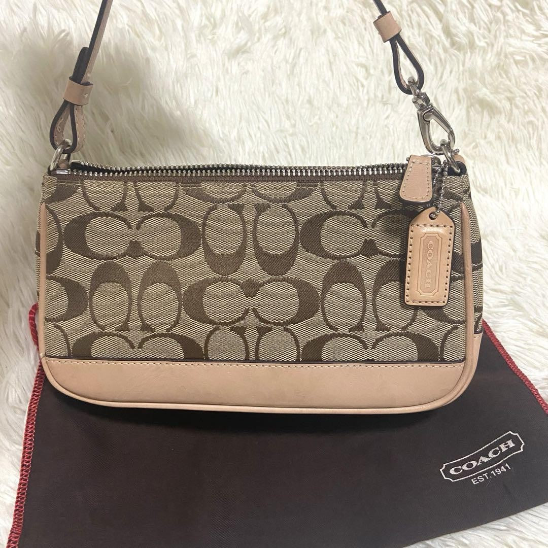 COACH Shoulder Bag Purse Signature Canvas Leather Beige Authentic
