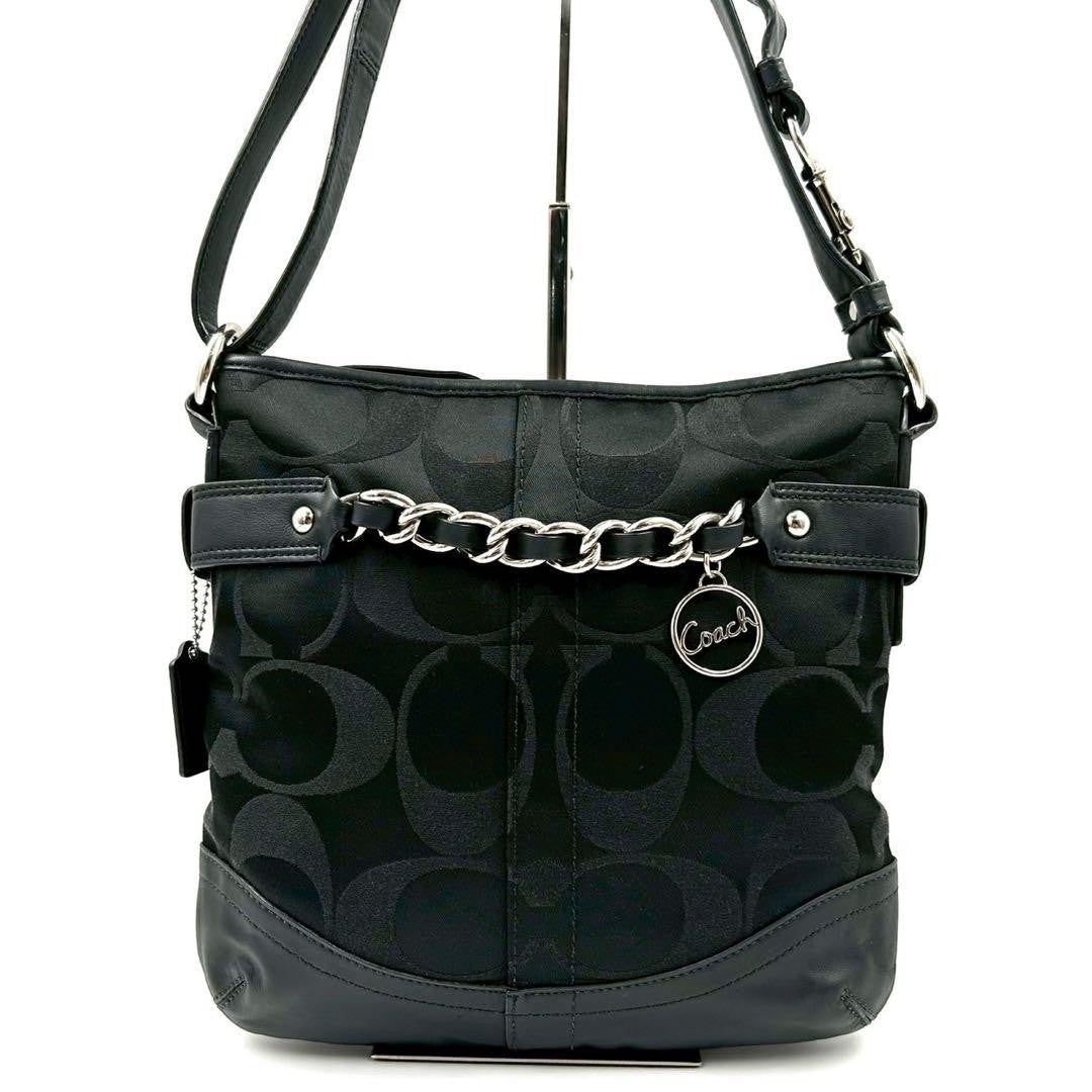 COACH Shoulder Bag Purse Signature 19730 Canvas Leather Black Authentic