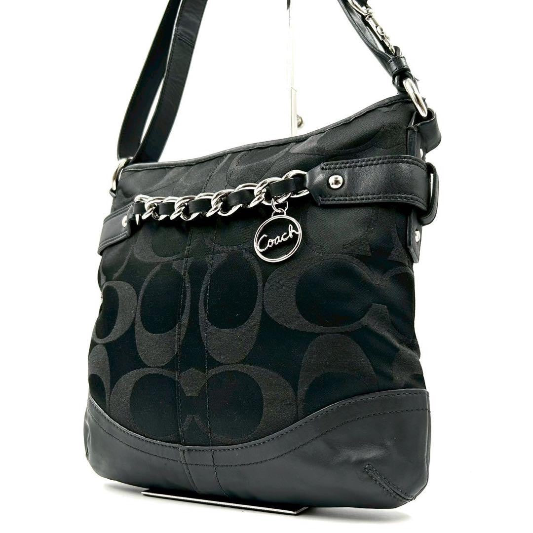 COACH Shoulder Bag Purse Signature 19730 Canvas Leather Black Authentic