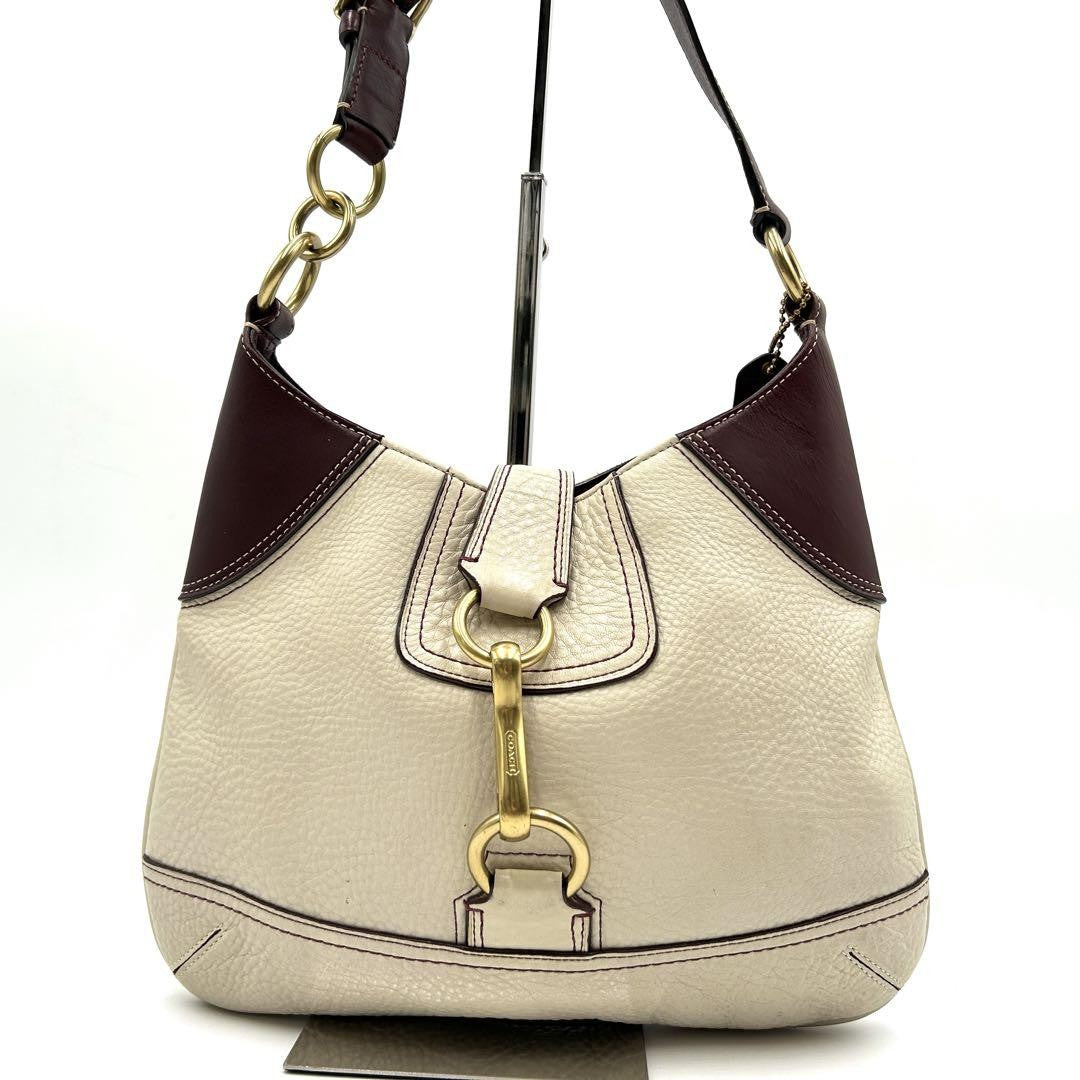 COACH Shoulder Bag Purse Leather White Bordeaux Authentic
