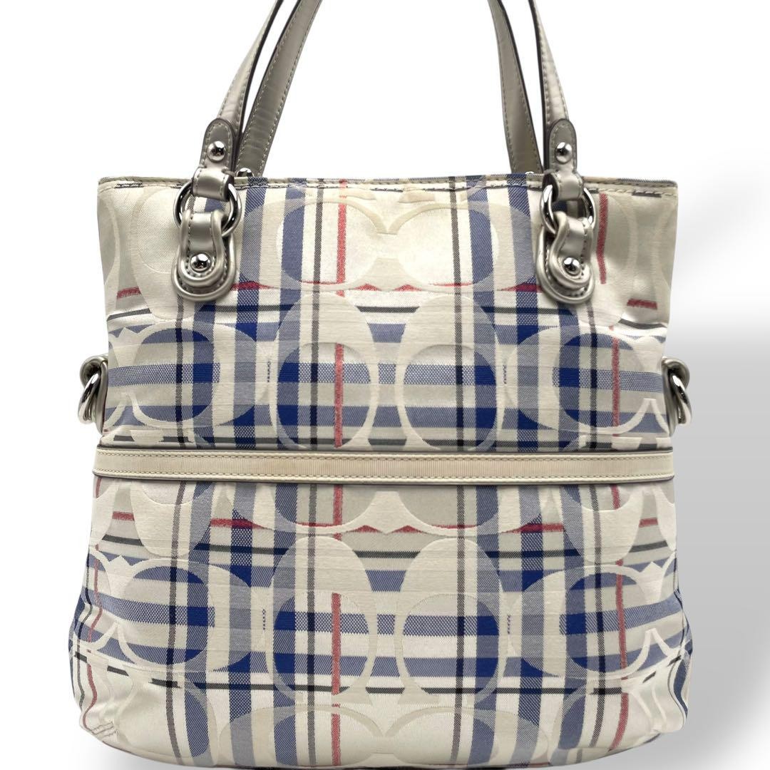 COACH Hand Shoulder Bag Tote Purse 2way Signature Canvas White Authentic