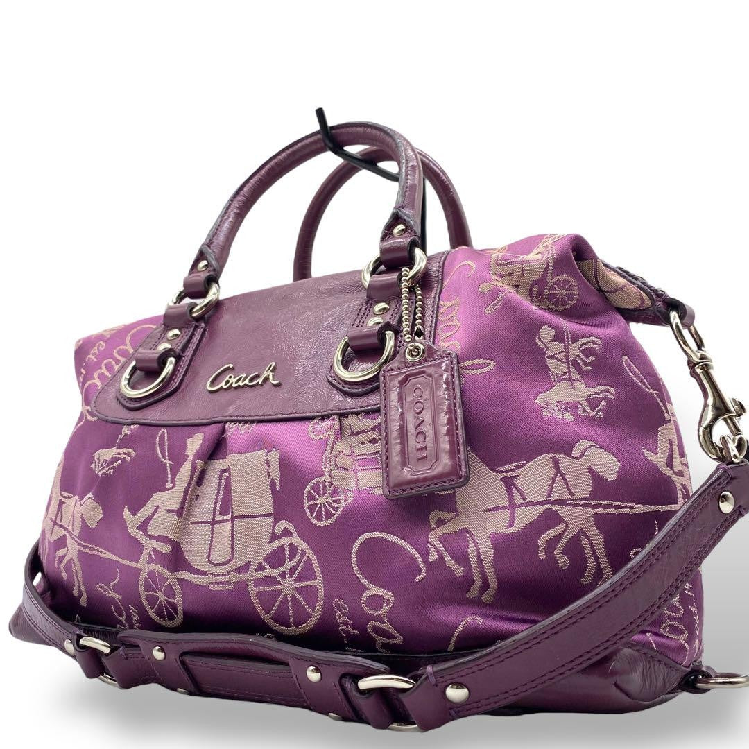 COACH Hand Shoulder Bag Tote Purse 2way Canvas Leather Purple Authentic