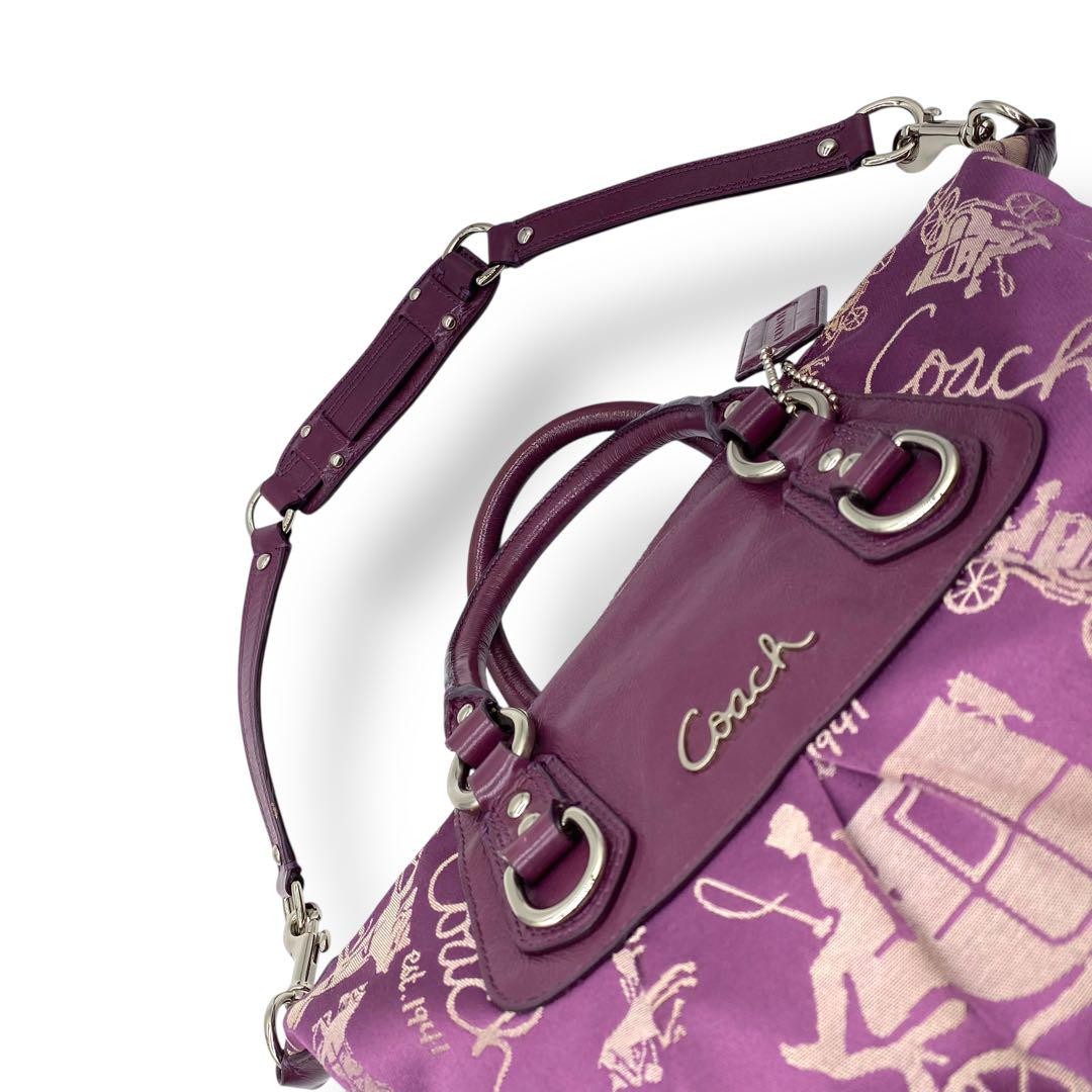 COACH Hand Shoulder Bag Tote Purse 2way Canvas Leather Purple Authentic