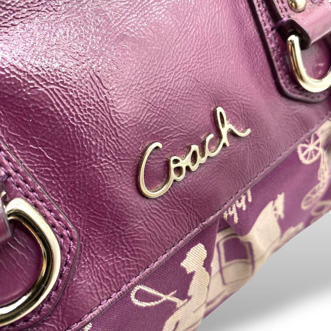 COACH Hand Shoulder Bag Tote Purse 2way Canvas Leather Purple Authentic