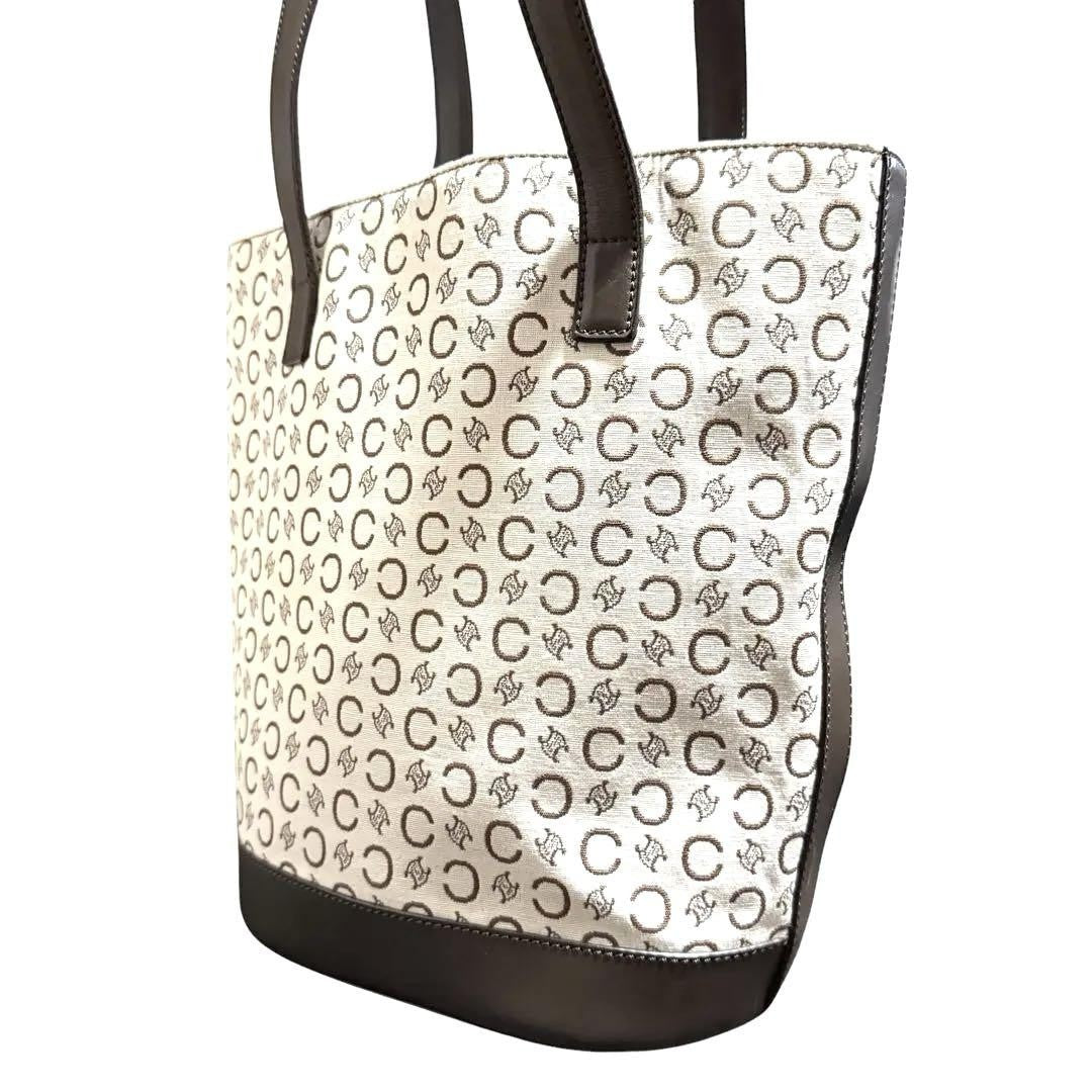 CELINE handbag Tote Purse C Blazon Canvas Leather Beige Dark Brown Used Women's