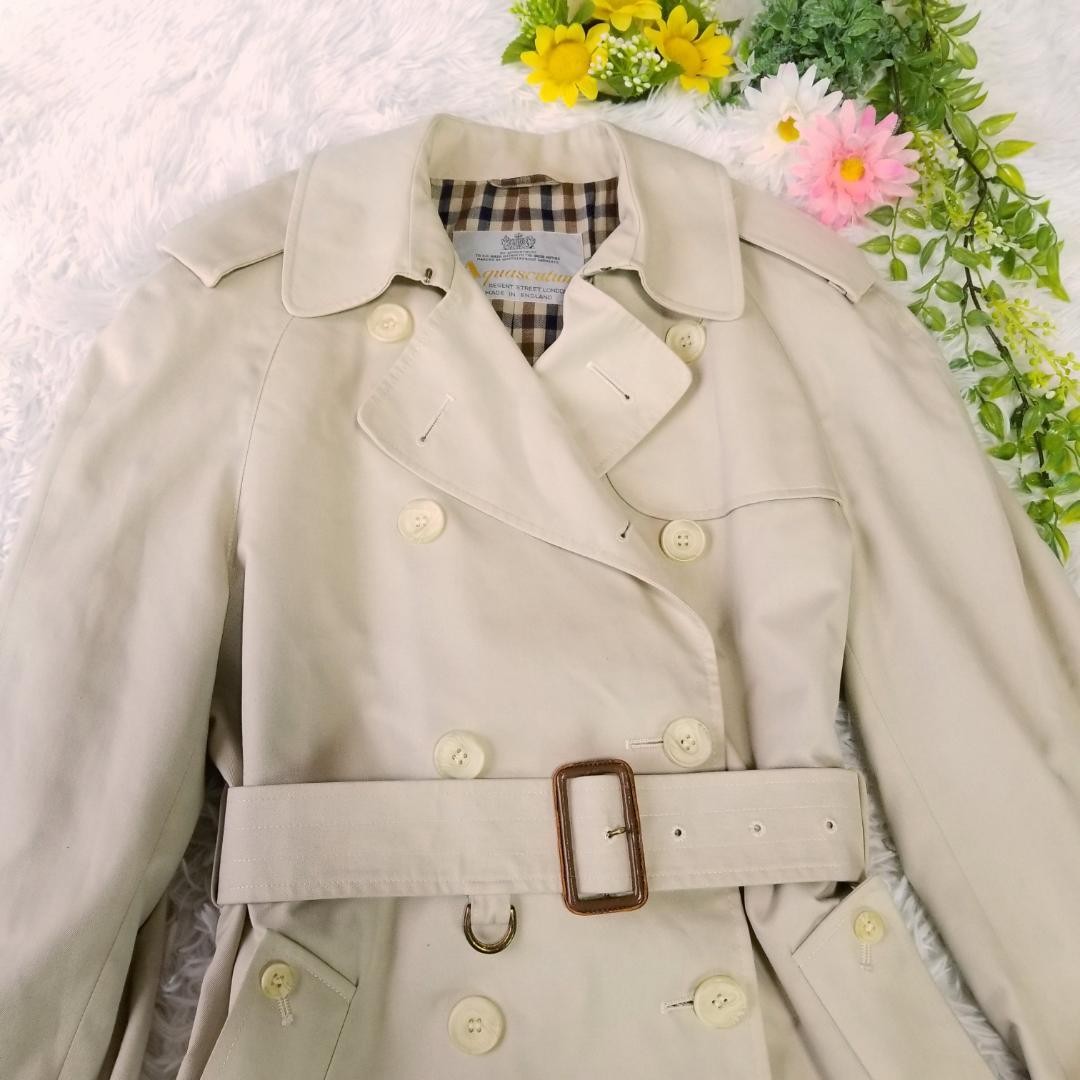 Aquascutum Trench Coat Club Check Asian fit XL US size L Beige Authentic