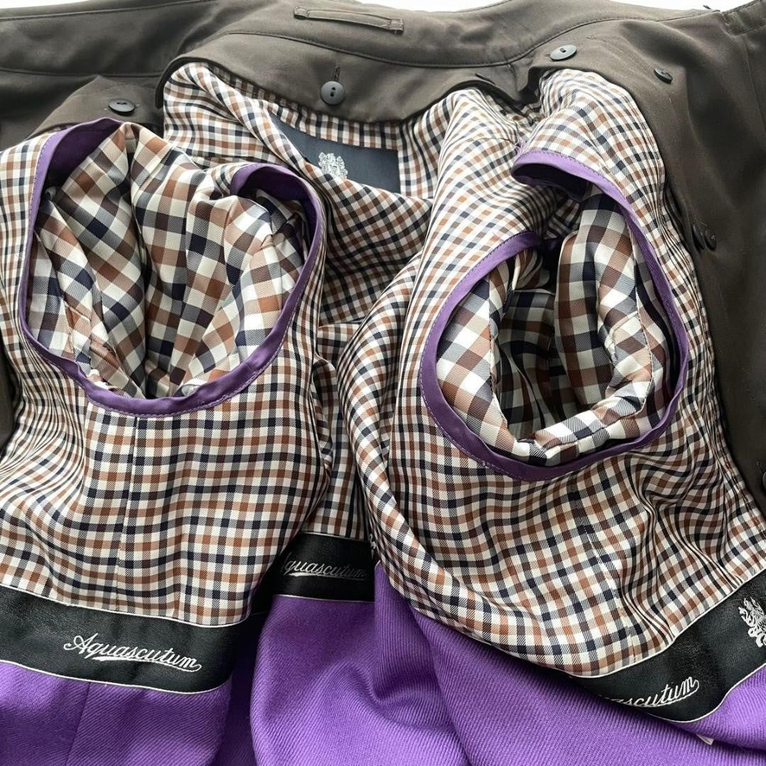 Aquascutum Trench Coat Club Check Asian fit M US size S Brown Purple Authentic
