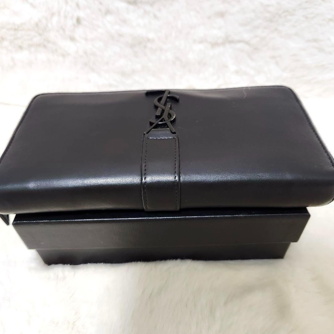Saint Laurent Round Zip Long Wallet Purse YSL Cassandra Black Authentic