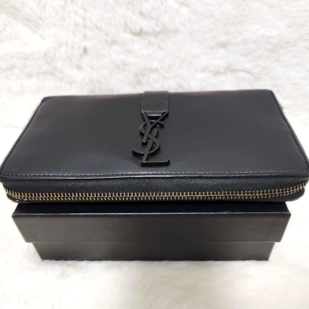 Saint Laurent Round Zip Long Wallet Purse YSL Cassandra Black Authentic