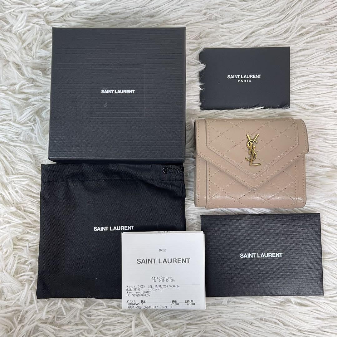 Saint Laurent Tri-fold Wallet Compact Purse YSL Cassandra Pink Beige Authentic