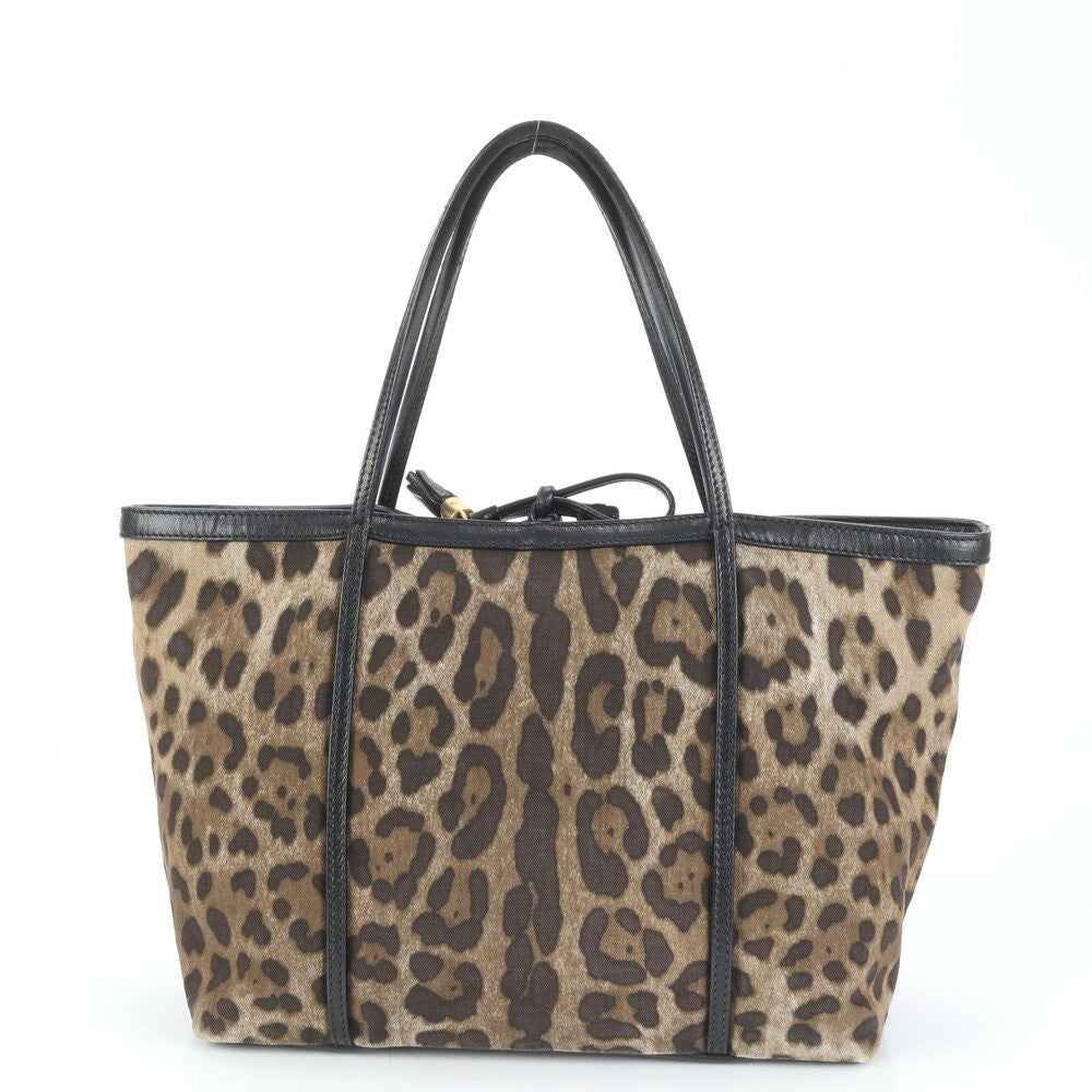 Dolce & Gabbana Hand Bag Tote Purse Leopard Canvas Leather Brown Authentic