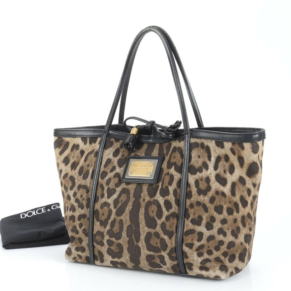 Dolce & Gabbana Hand Bag Tote Purse Leopard Canvas Leather Brown Authentic