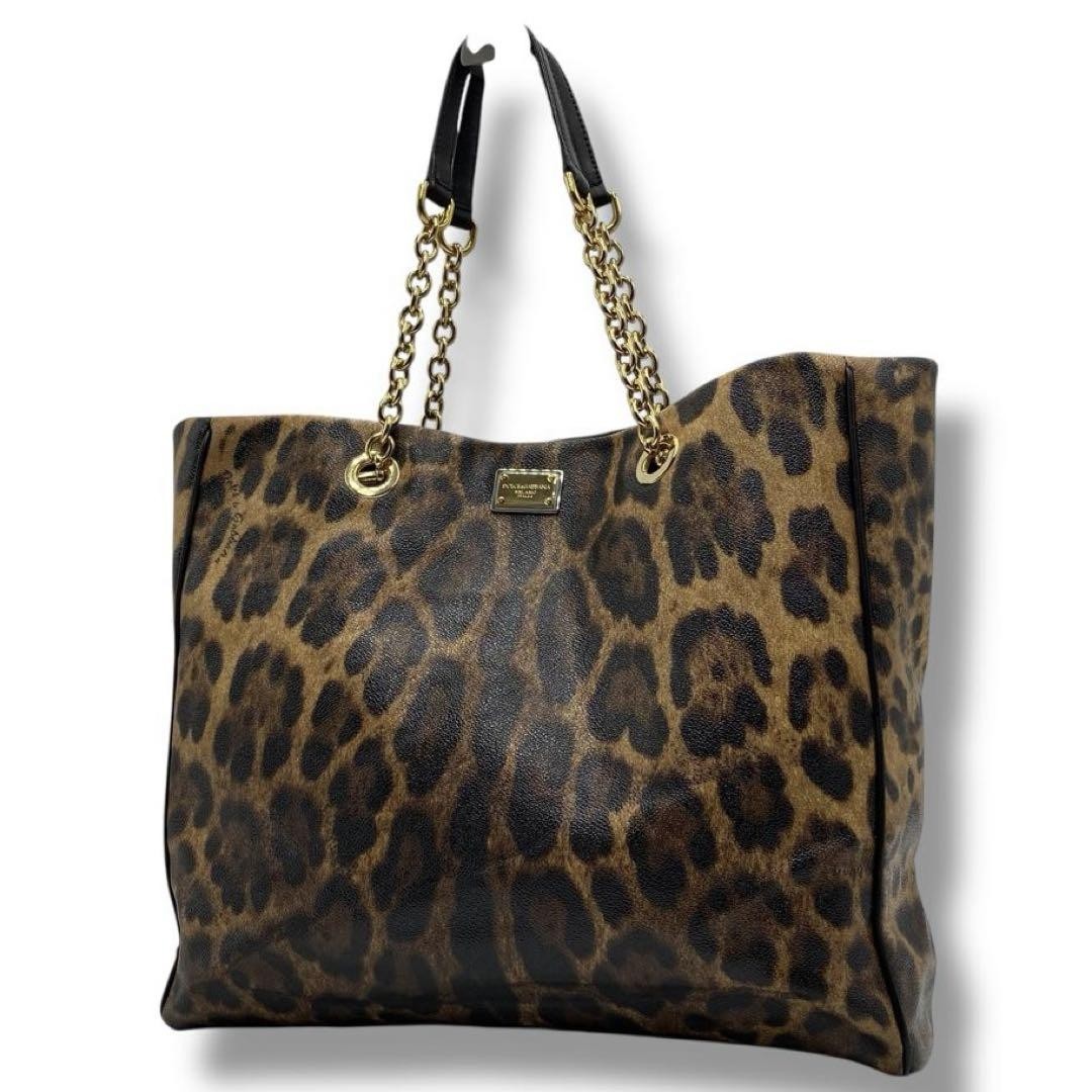 Dolce & Gabbana Hand Bag Tote Purse Leopard PVC Leather Authentic