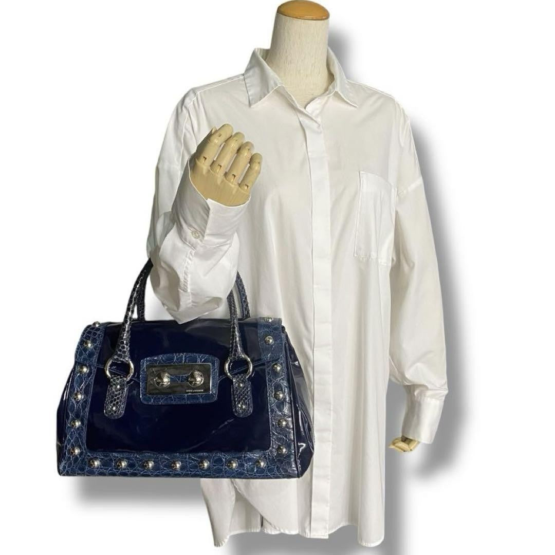 Dolce & Gabbana Hand Bag Tote Purse Patent Leather Navy Authentic